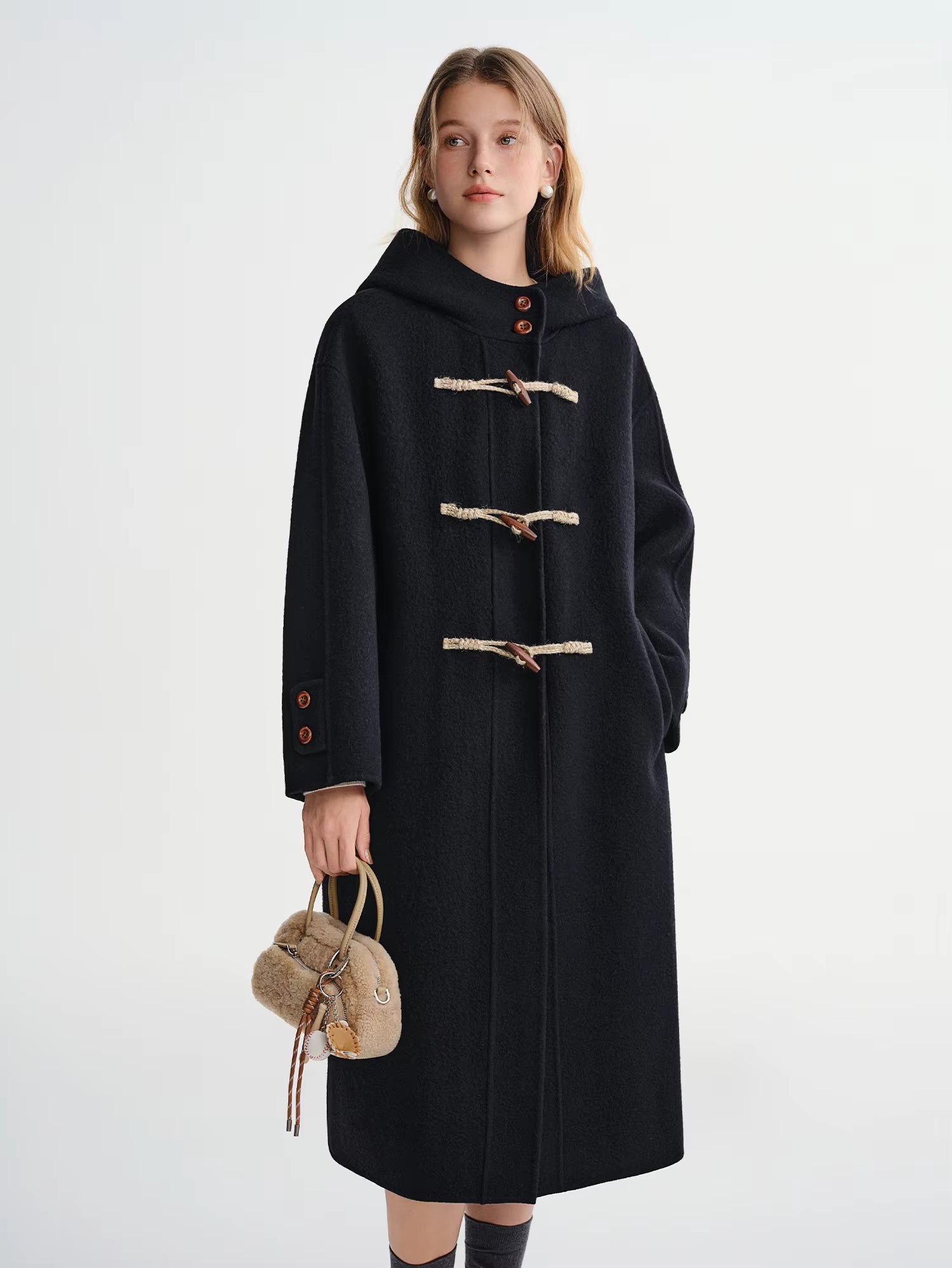 Winter 2025 Women's Horn Button Wool Blend Coat - Korean Style Double Faced Midi Length Stand Collar Casual Elegance