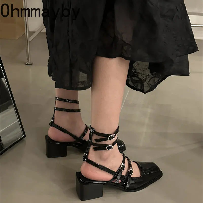 2024 Summer Design Women Sandal Fashion Narrow Band Dress Square Heel Shoes Ladies Outdoor Patent Leather Mary Jane Shoes