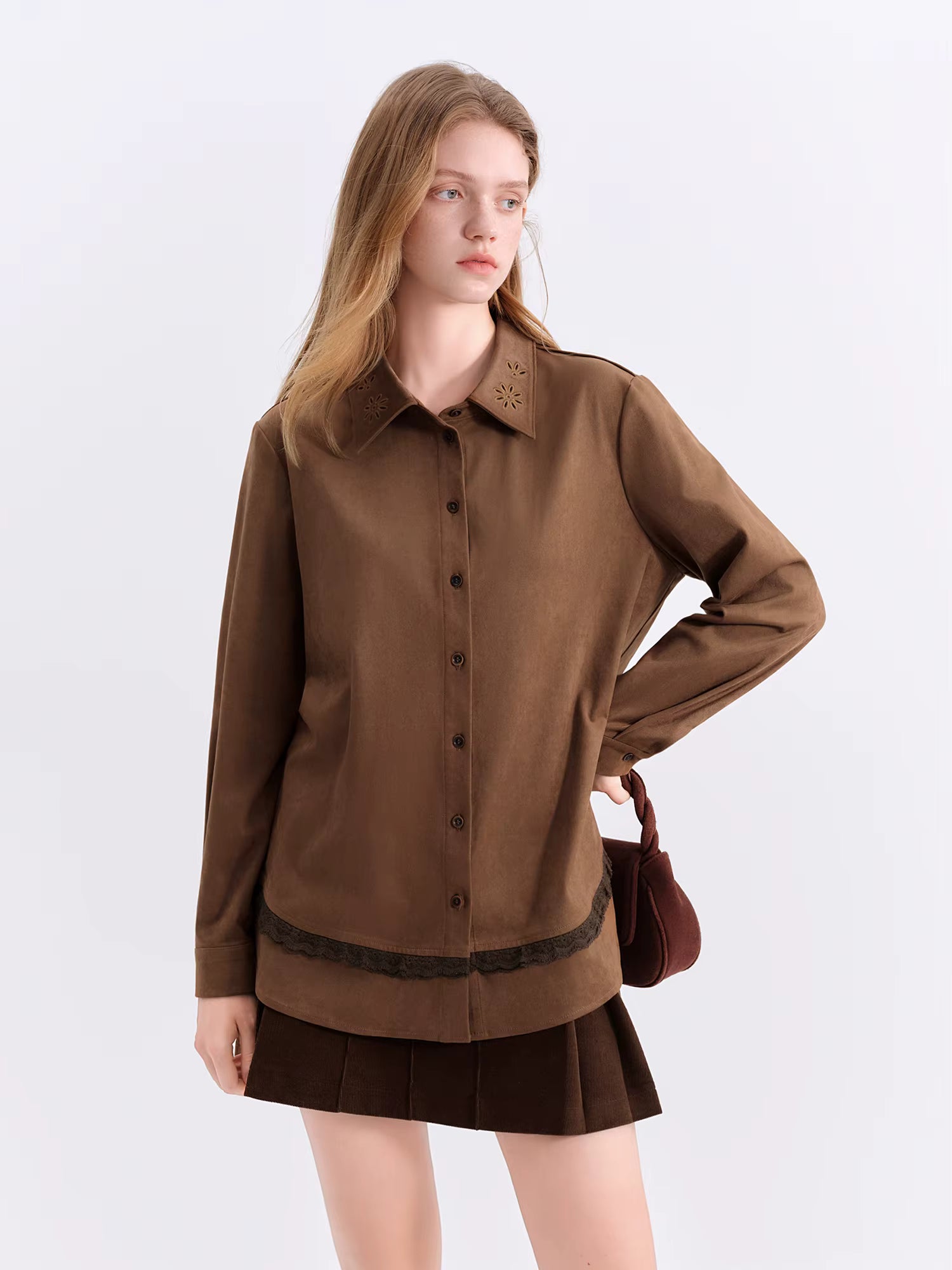 Vintage Suede Stylish Turned Collar Women's Blazer Cut-Out Embroidery Fall Winter 2025 New Arrival chic Winter Shirts Coats