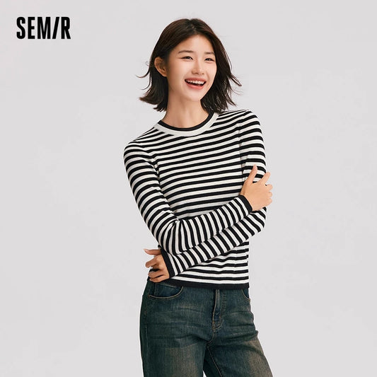 Semir Knitted Sweater Women Contrast ColorInner Wear Simple Winter 2024 New Wool-Containing Slim Fit Pullover Sweater