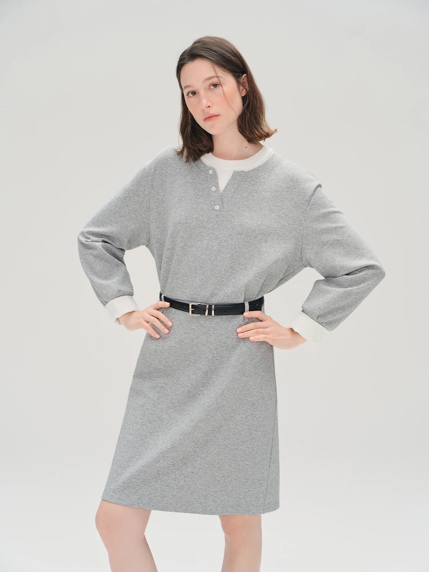 Autumn 2025 Women's Mock Layer Dress - Flattering Fit Versatile Length Shift Style Casual Elegant with Lace Trim