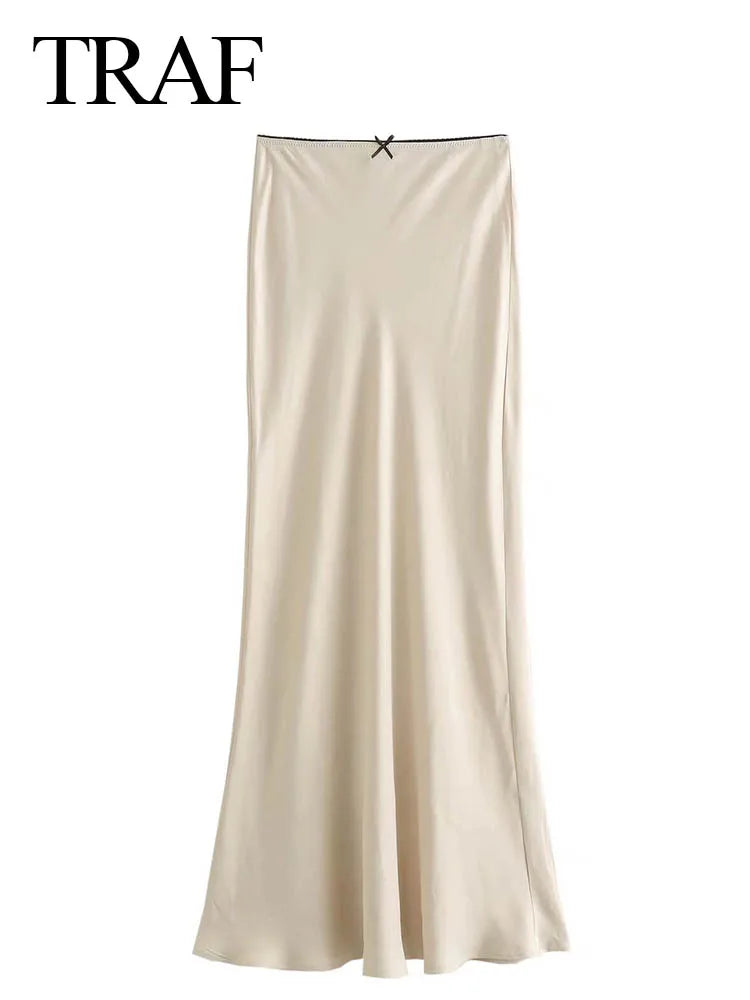 TRAFZA 2024 Women Fashion Skirts Solid Satin Silk Texture Tight Midi Skirt Woman Party Chic Elegant Women Mermaid Skirt