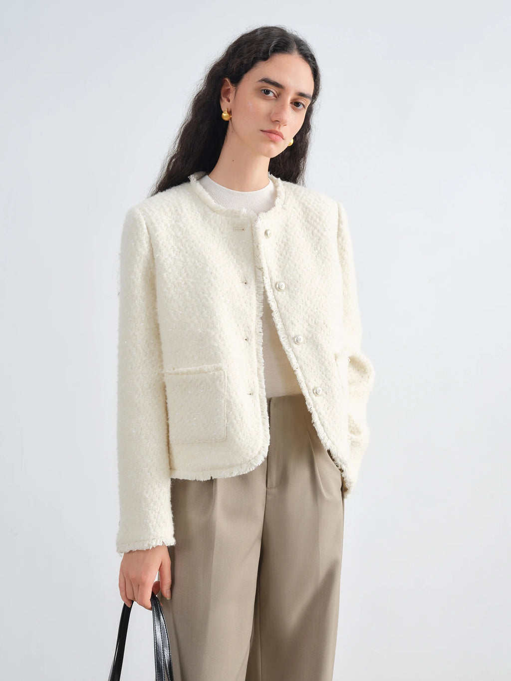 ZIQIAO Straight Shoulder Wool Sequined French Style Jacket for Women 2025 Autumn New White Top Elegant Ladies