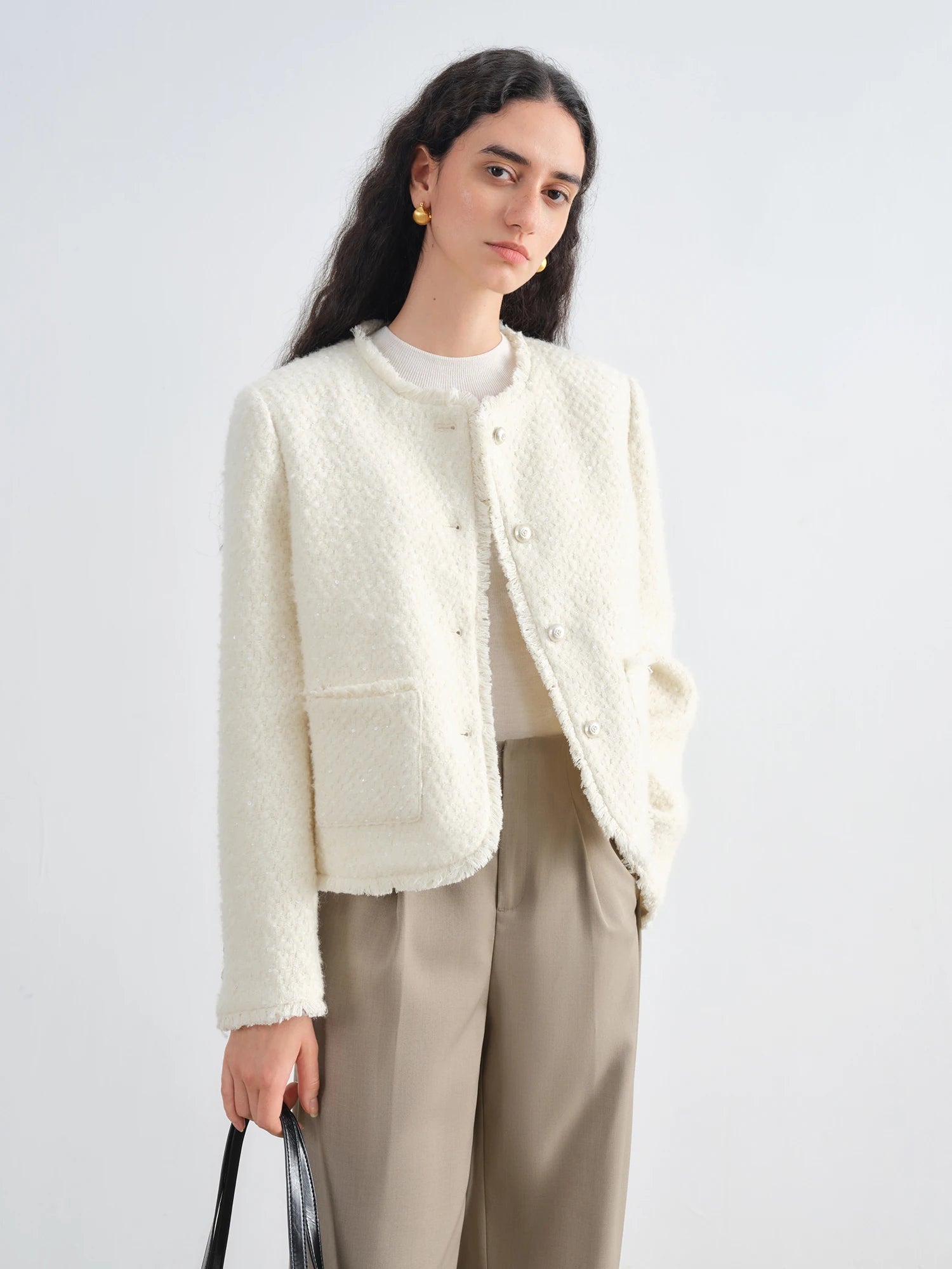 ZIQIAO Straight Shoulder Wool Sequined French Style Jacket for Women 2025 Autumn New White Top Elegant Ladies
