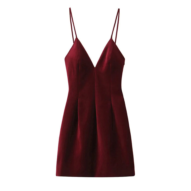 Retro Red Velvet Sling Dress For Women Elegant Sleeveless V Neck Backless Mini Dress Lady A Line Merry Christmas Party Vestidos