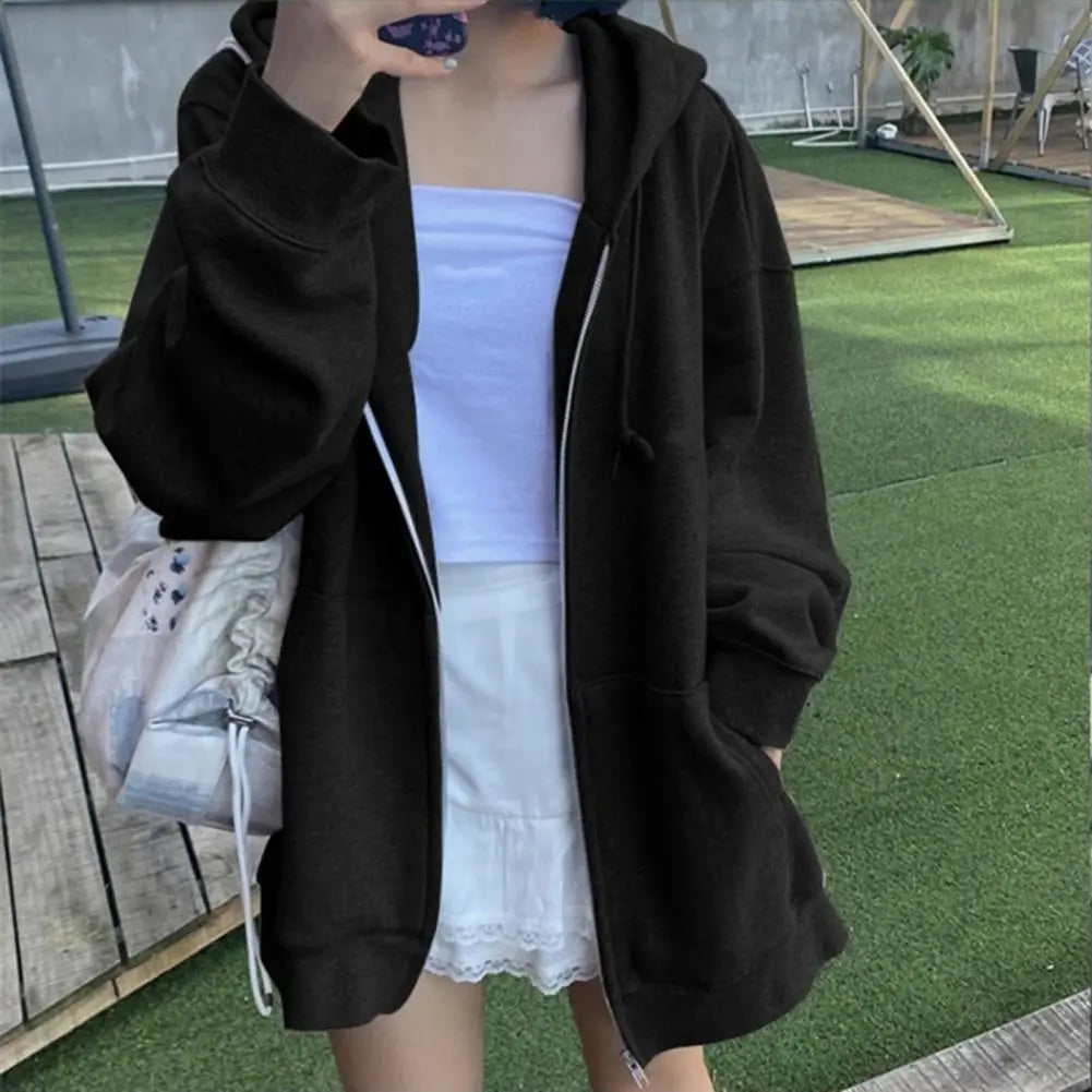 Women Zip Up Sweatshirt Casual Oversized Hooded Korean Style Hoodies Harajuku Solid Loose Long Sleeve Lady Jacket Large Coats