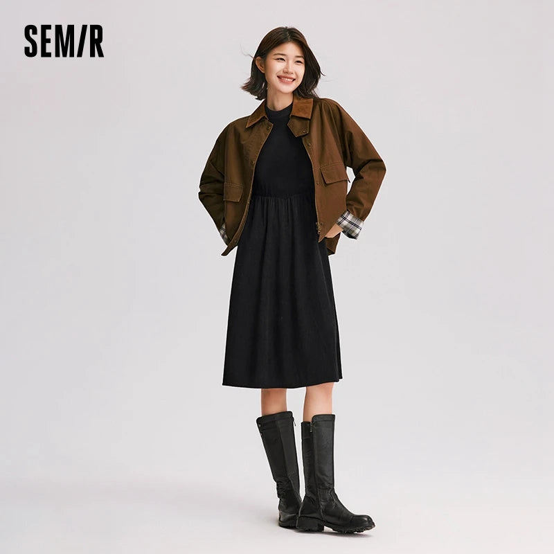Semir Dress Women Mid-Length Slim Fit Shoulder-Fitting Inner Wear Elegant 2024 New Winter Patchwork Corduroy Little Black Dress