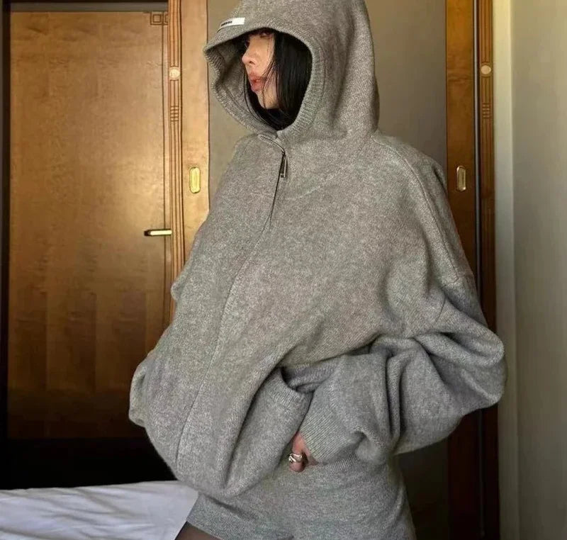 Gray Sexy Clothing Set Women Simple Sports Oversized Hoodie High Waist Shorts  Women Street Solid Color Sweatshirt Women