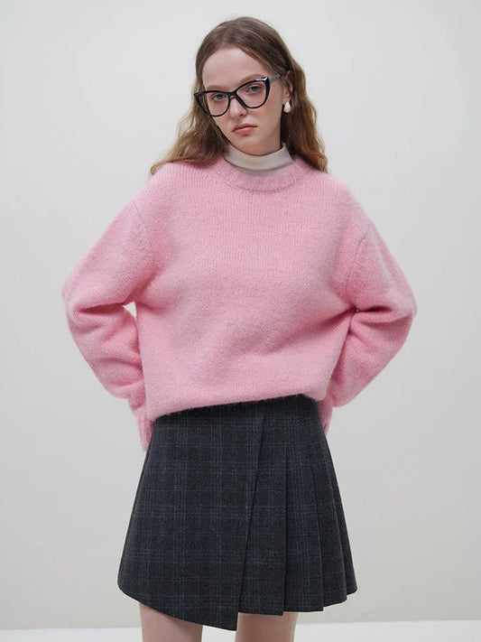 FSLE 【Multi-color Optional 】Warm Soft Waxy Round Neck Pullover Sweater for Women Winter 2023 All-match Loose Sweater Female