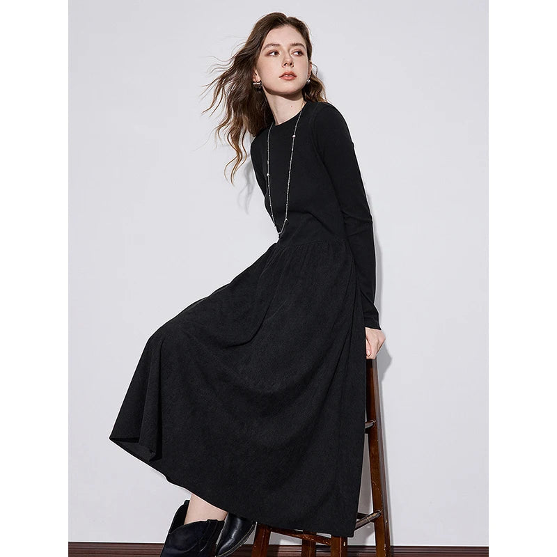 TOYOUTH Women Dress 2024 Autumn Winter New Corduroy Splicing Thick Slim Waist Solid Color Warm Bottom Black Dress