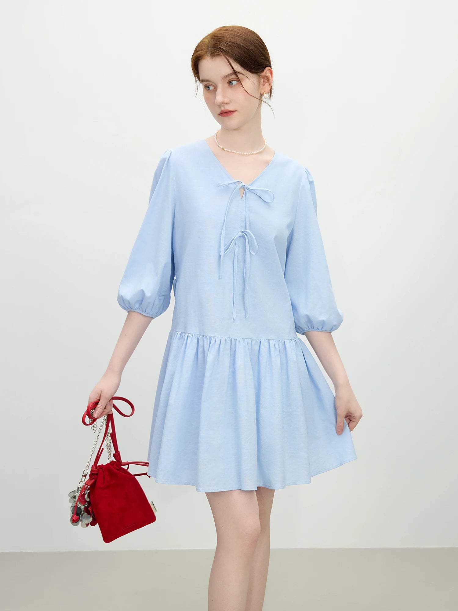 FSLE Office Lady French V-Neck Bow A-Line Dress 2025 Summer High-Waisted Linen Blend Casual To Chic Boho