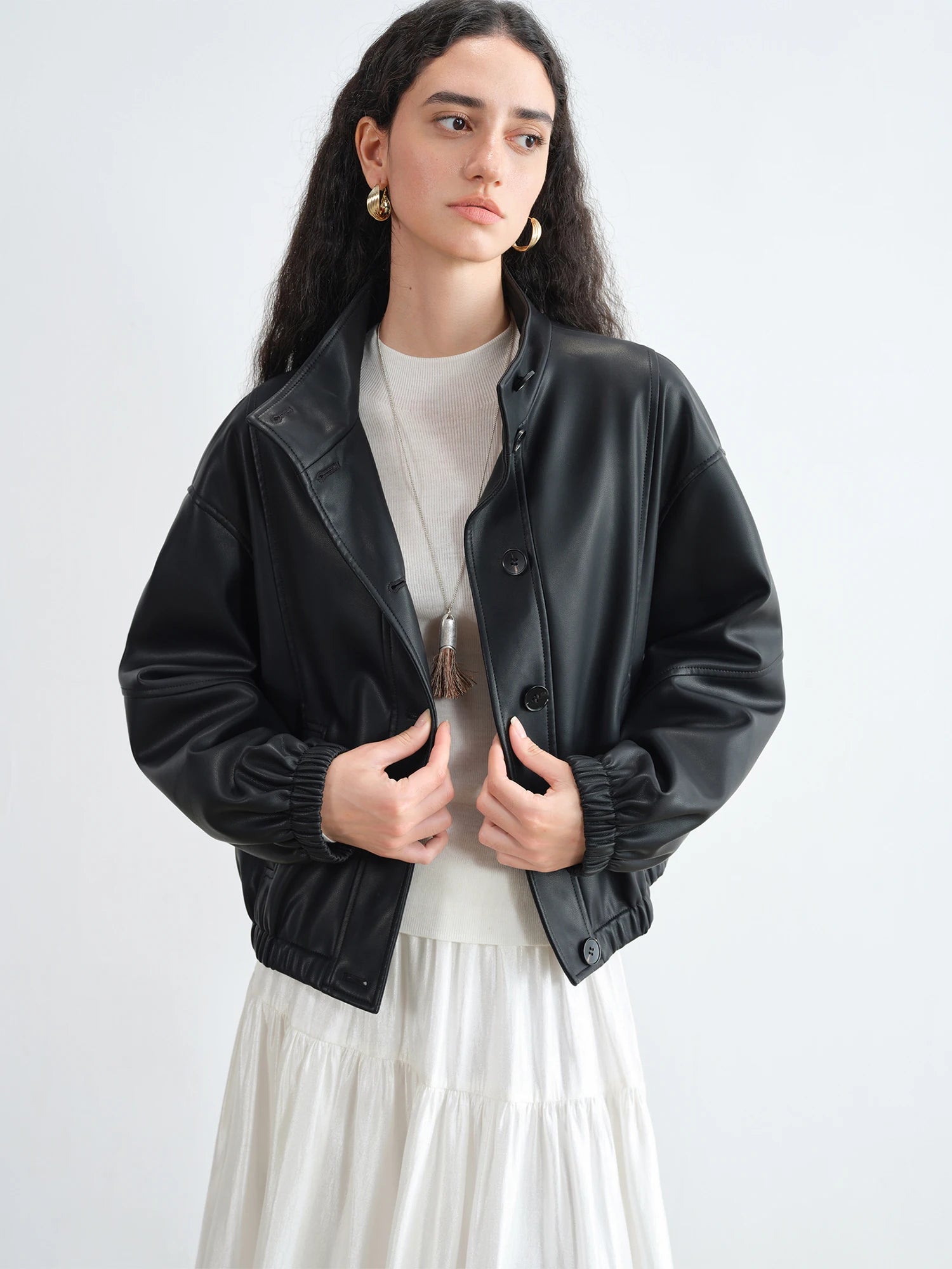 ZIQIAO Brown Korean Style Stand Collar Cool PU Leather Jacket For Women 2025 Autumn New Arrival Short Retro Jacket