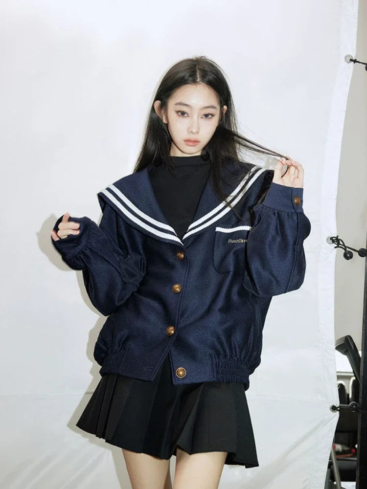 ADAgirl Vintage Sailor Collar Jacket Women Patchwork Long Sleeve Oversize Coat Preppy Style Uniform Old Money Aesthetics Outfits