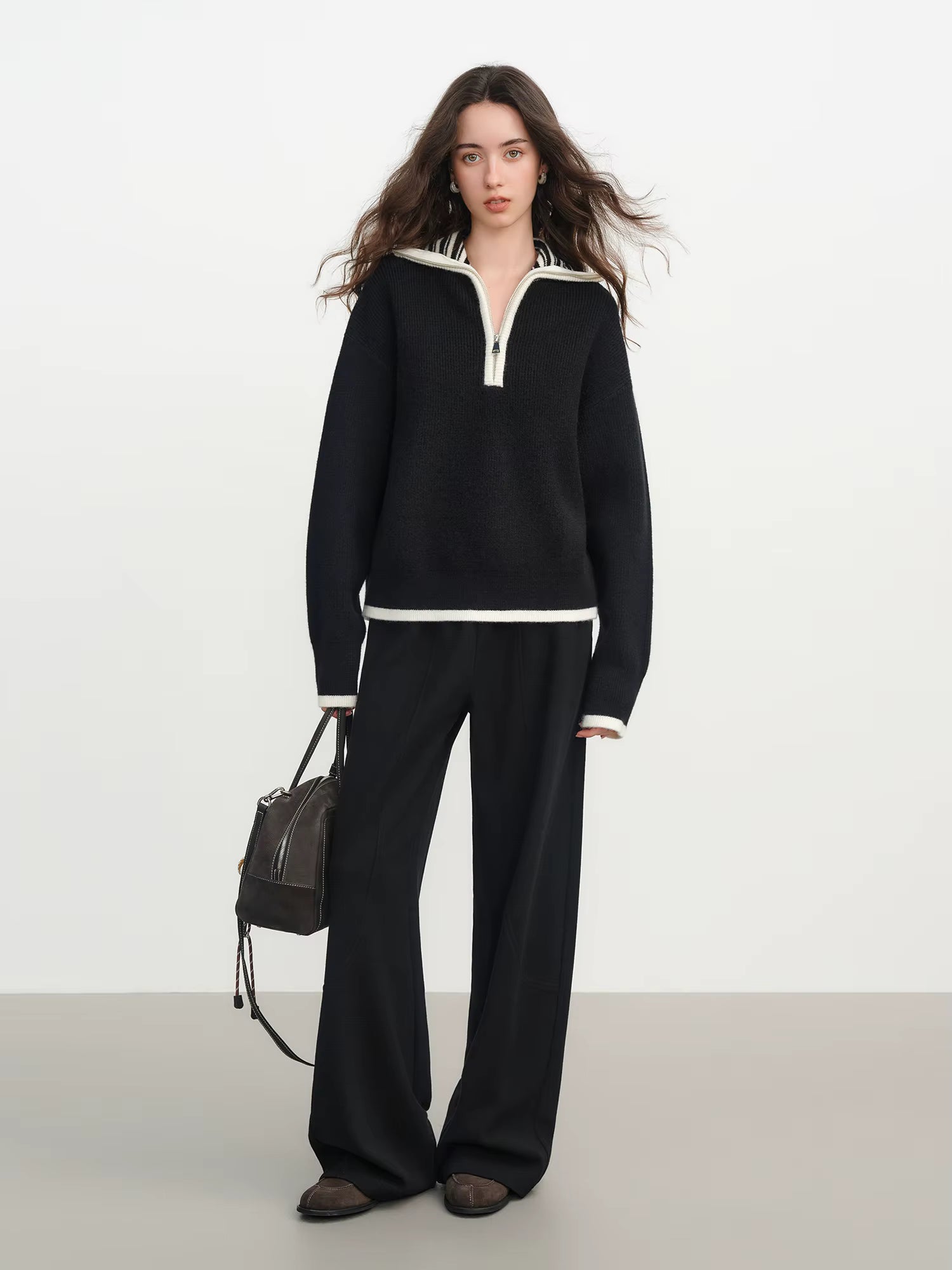 Women's 2025 Autumn/Winter New Style Ribbed Loose-fitting Zipper Stand Collar Color Block Inner Knit Sweater