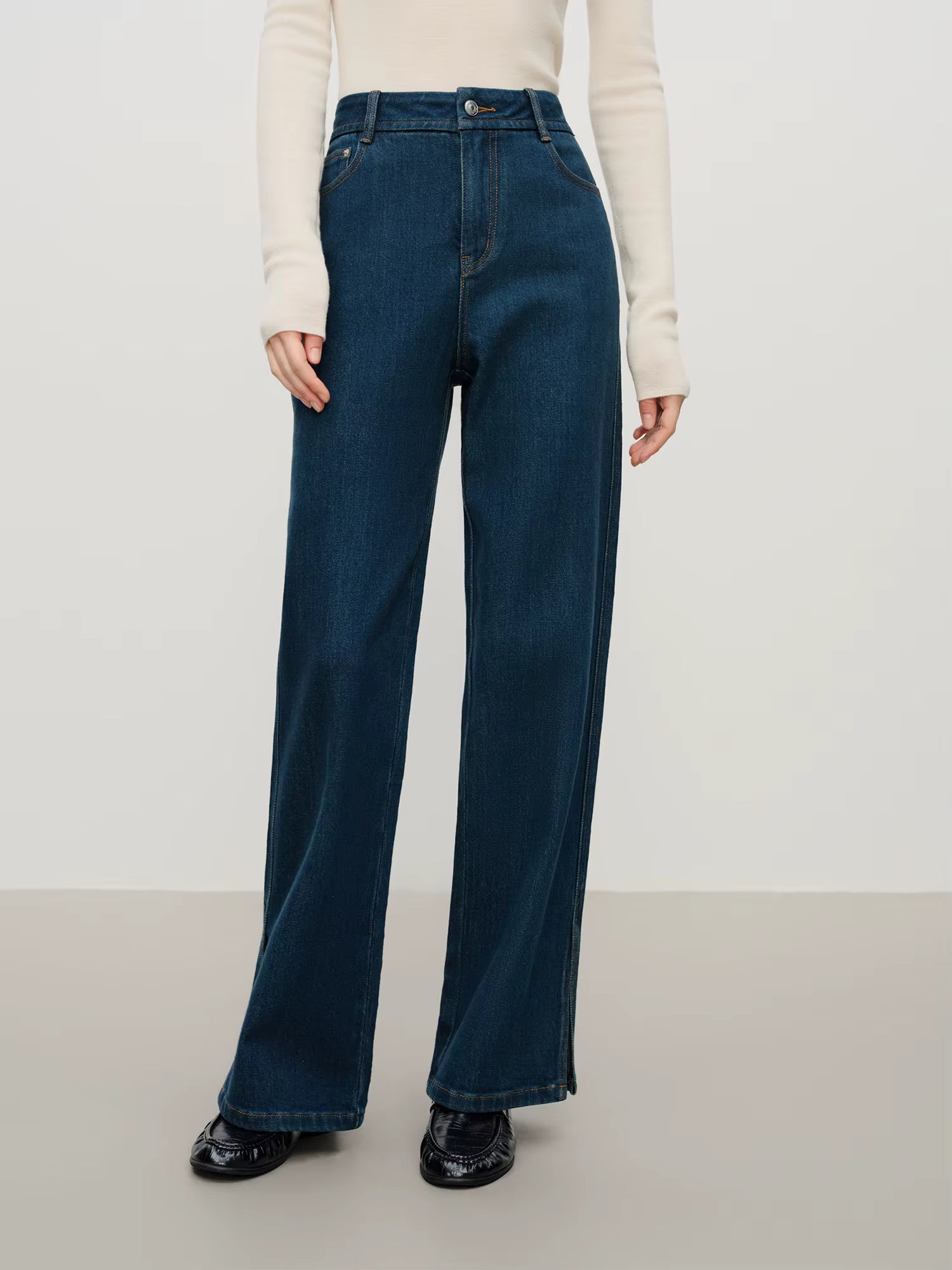 High-Waisted Black Wide-Leg Jeans with Slit Detail, Women's Fashion Casual Stretch Denim Trousers