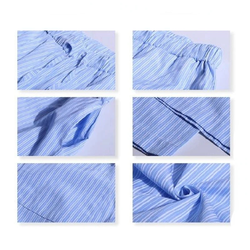 QWEEK Blue Stripe Wide Leg Pants Korean Style Thin High Waist Trousers Loose Casual Pantalones Summer Y2k Clothing