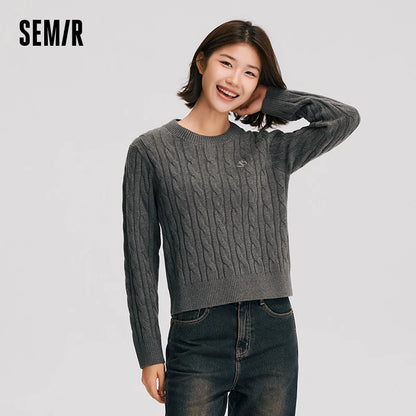 Semir Sweater Women Twist Flower Gentle Loose 2024 New Winter Round Neck Embroidery Versatile Pullover Sweater