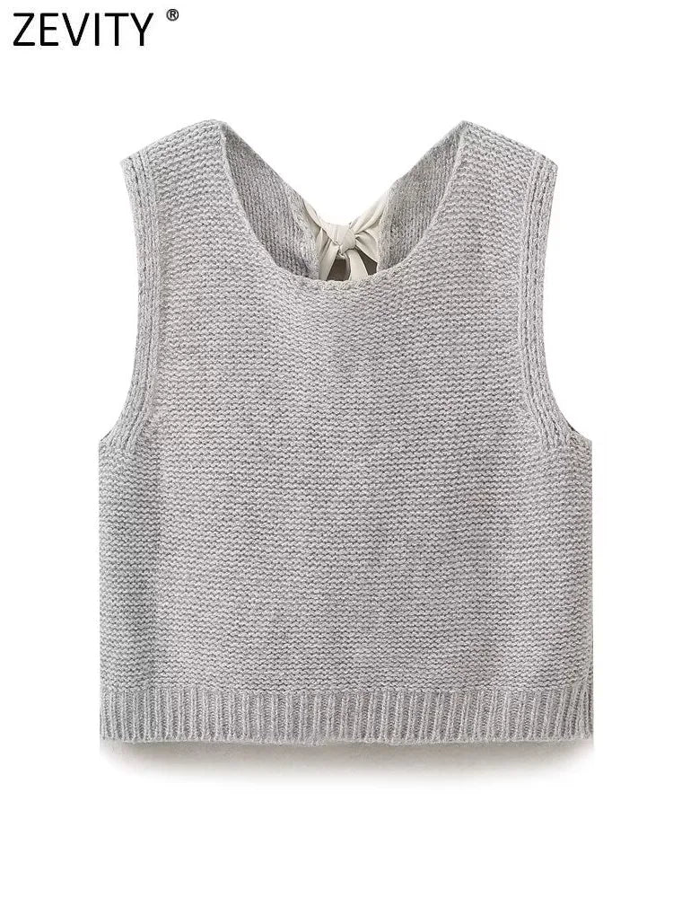 Zevity New Women Fashion Sleeveless Back Bow Tied Design Short Knitting Vest Sweater Female Chic Waistcoat Pullovers Tops SW6257