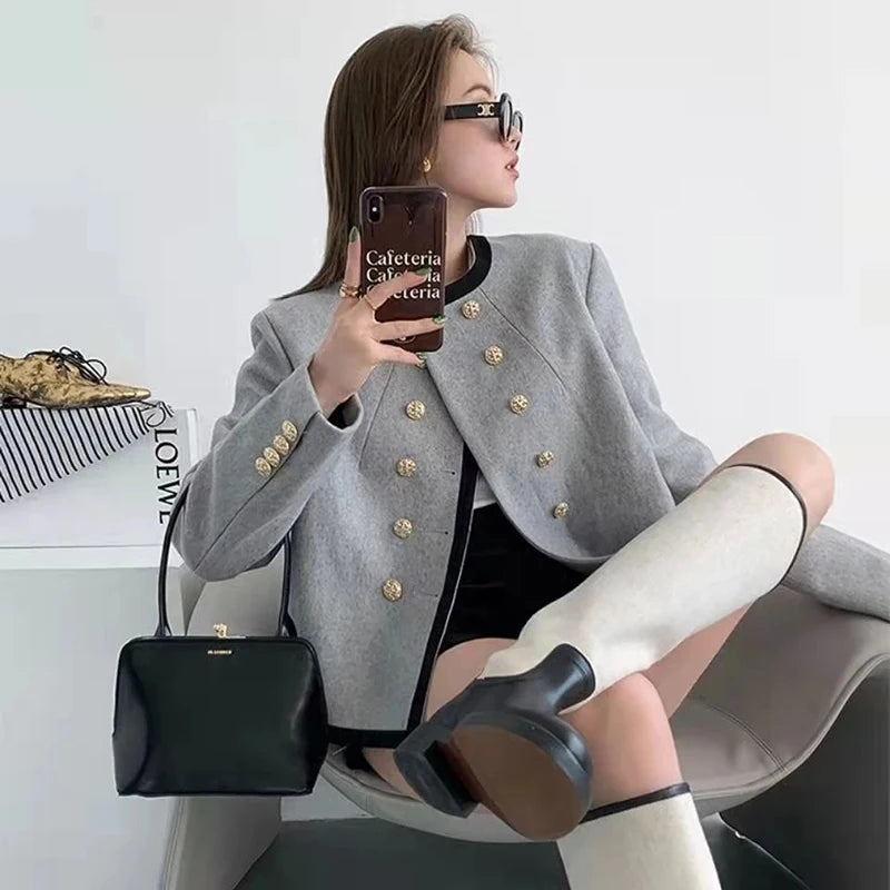 MEXZT Jackets Women Elegant Cropped Tweed Blazers Office Lady Korean Short Irregular Suit Coat Tops Vintage Casual Outerwear New