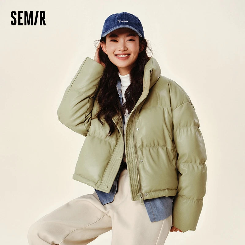 Semir Down Jacket Women Short Stand-Up Collar Petite Elegant Gentle 2024 New Winter Loose Imitation Leather Casual Down Jacket