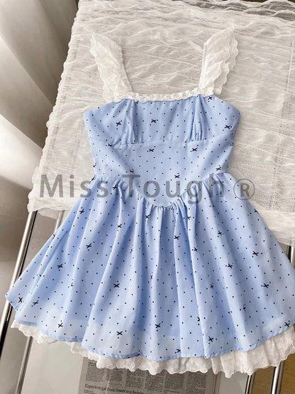 2024 Korean Fashion Sweet Party Mini Dress Women Casual Chic Strap Floral Dress Female Y2k Sleeveless Bow Kawaii Dress Summer