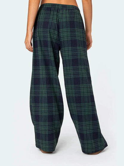 Mxiqqpltky Plaid Pants for Women Casual Pajama Pants Elastic High Waist Slim Wide Leg Cute Pj Pants Pajama Bottoms Loungewear