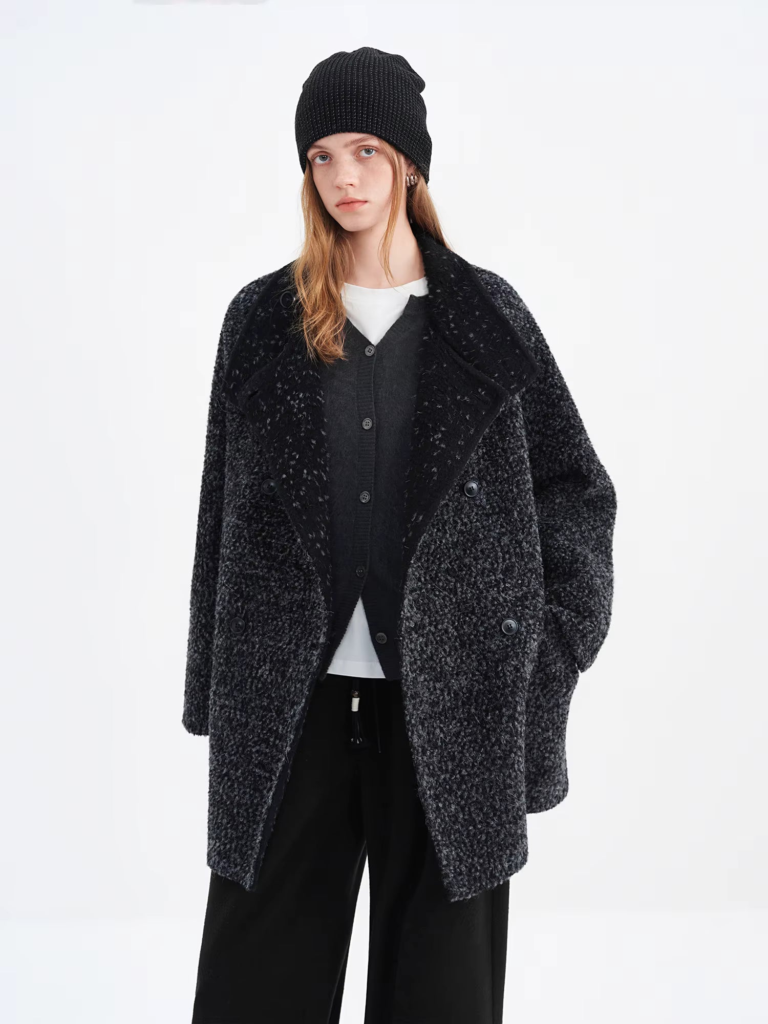 【Premium Series】 Women's Tweed Pattern Turtleneck Wool Blend Overcoat - Elegant Winter Long Coat for Business Casual