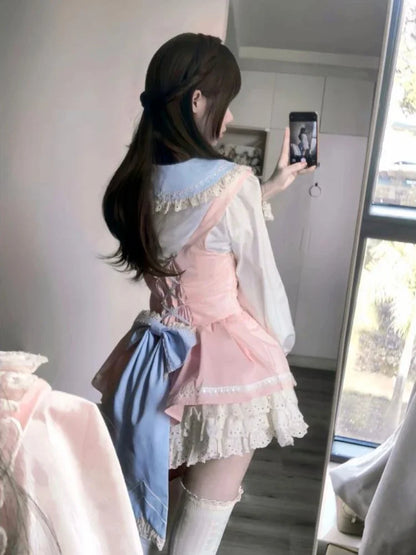 Kawaii Japanese Style 2 Piece Set Casual Blouse + Sweet Pink Y2k Mini Skirt Lace Lolita Fashion Suit Woman Design 2024 New