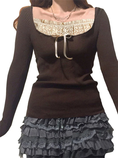 Y2k Women's Long Sleeve Knitted Tops Lace Stitching Neckline Knitwear Bowknot Decoration Slim-Fit Tshirt Pullovers Clubwear