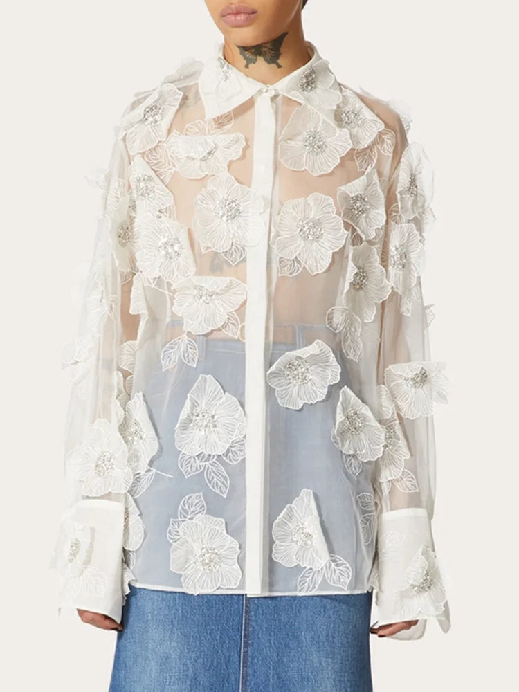 VGH Patchwork Appliques Solid Casual Blouses For Women Lapel Long Sleeve Spliced Sheer Mesh Temperament Loose Shirts Female New