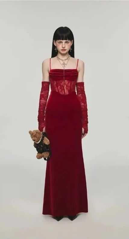 Spaghetti Strap Lace Corset Maxi Sheath Dress + Arm Sleeves