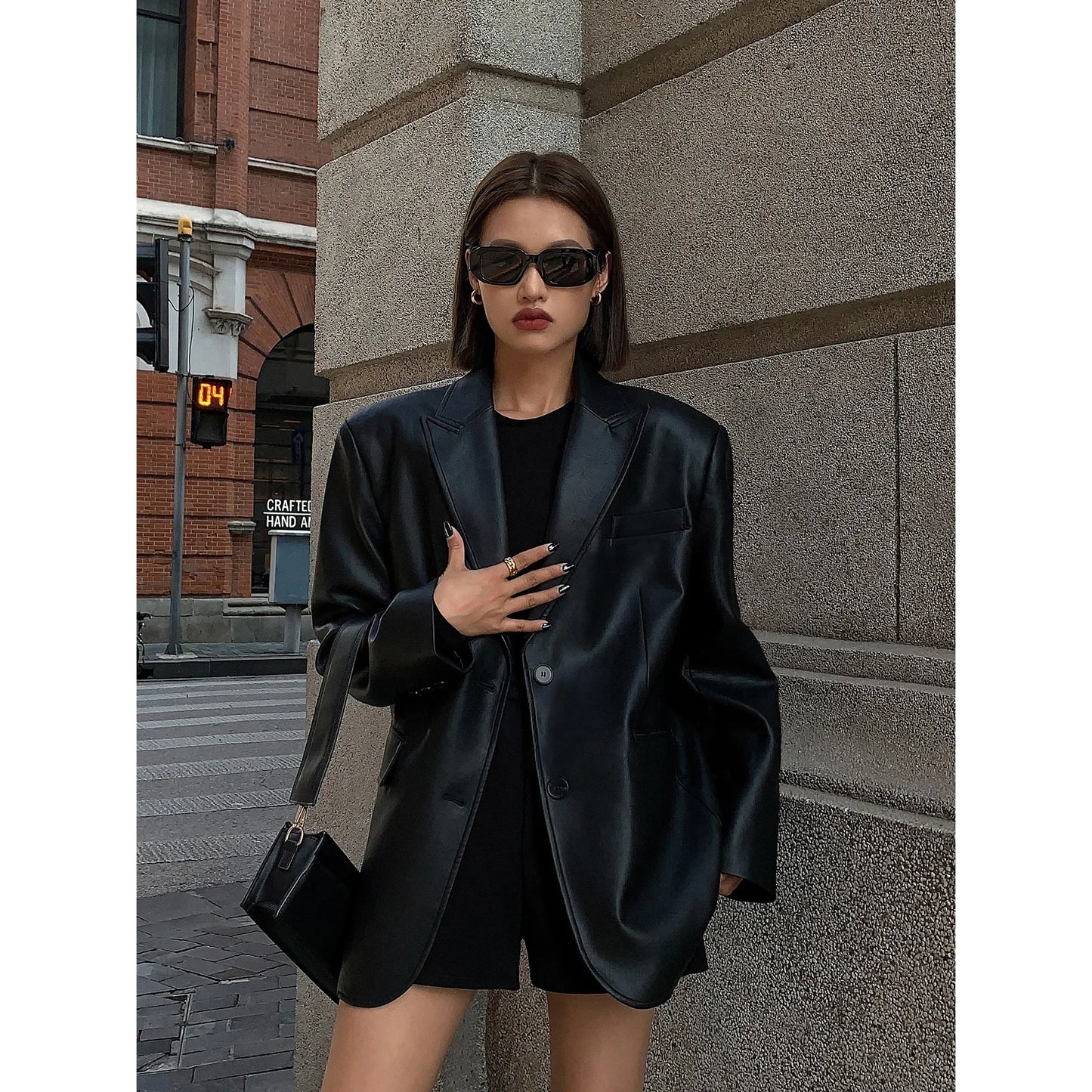 Ladies Fashion Black PU Leather Suit Jacket Spring and Autumn New High-grade Texture Solid Color Loose Small Suit Leather Woman