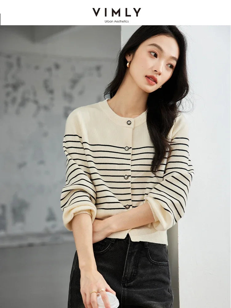 VIMLY Women's Simple Office Lady Knitwear Autumn New Striped Long Sleeve O-Neck Single Breasted Button Versatile Cardigan Tops