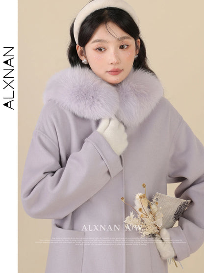 ALXNAN Light Purple Wool Coat Women 2024 Autumn Winter Warm Solid Sweet Straight Single Breasted Long Sleeve Overcoat LXN323112