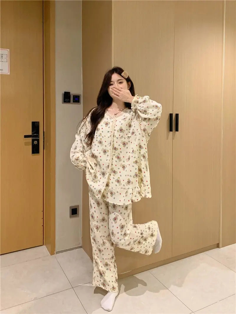 New Sweet Spring Women Home Suits Female Lace Trim Cute Pajamas Sets Girls Cartoon Long Sleeves Trousers Simple Nightwear