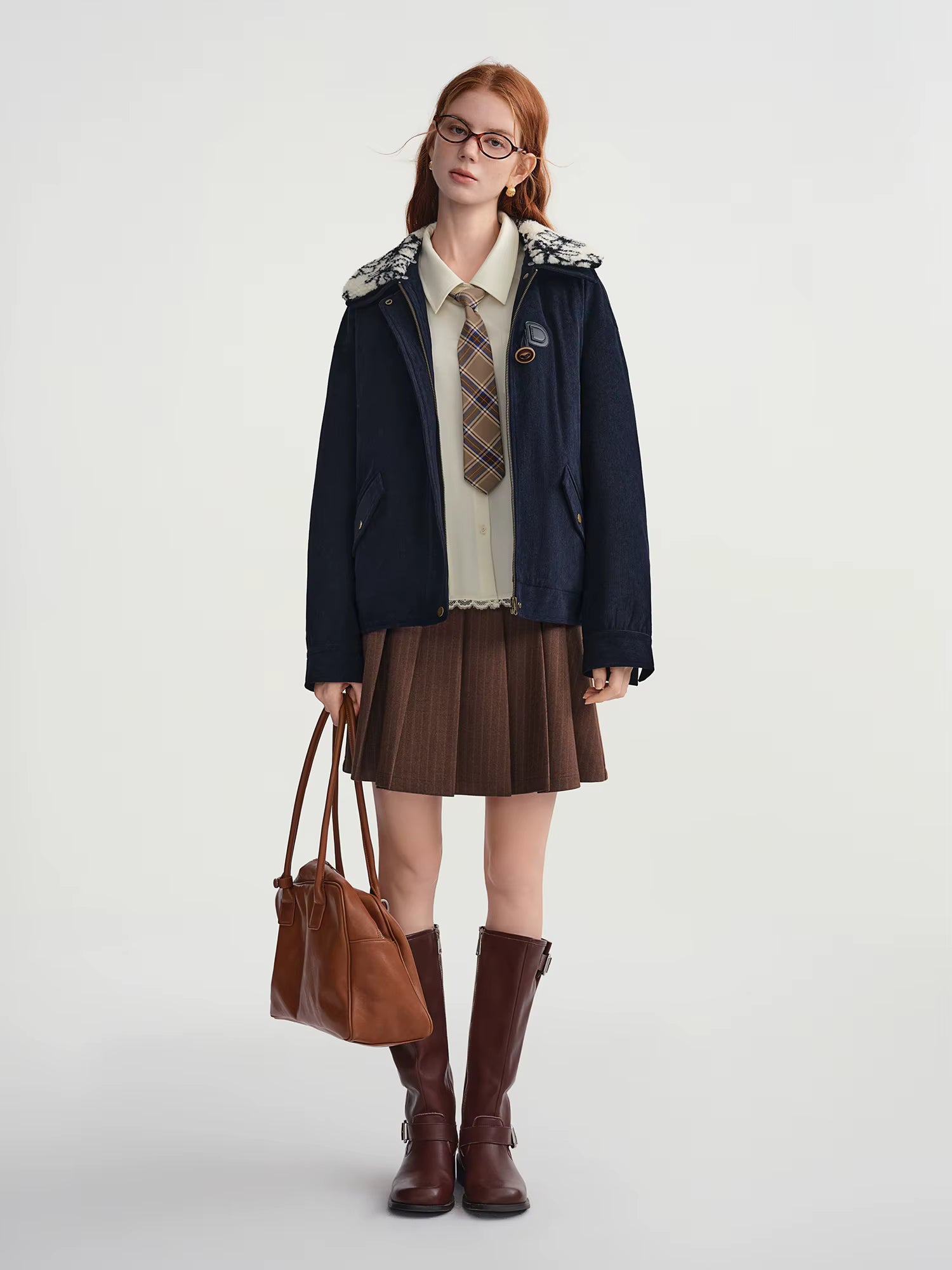 Plus-Size Women's Shearling Collar Corduroy Lined Mid-Classic Blue Tone Jacket Fall-Winter 2025 New Arrival Coat Jackets