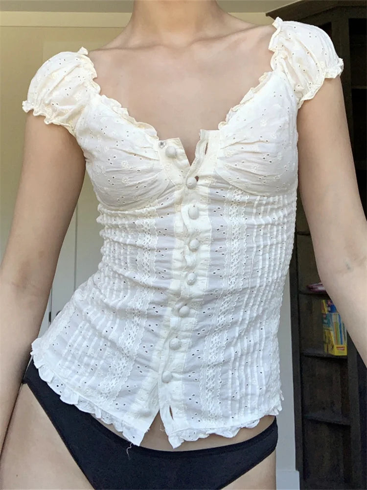 Women Summer Blouse Short Sleeve Square Neck Button Down Tops Retro Kawaii Fairycore Y2K Shirts