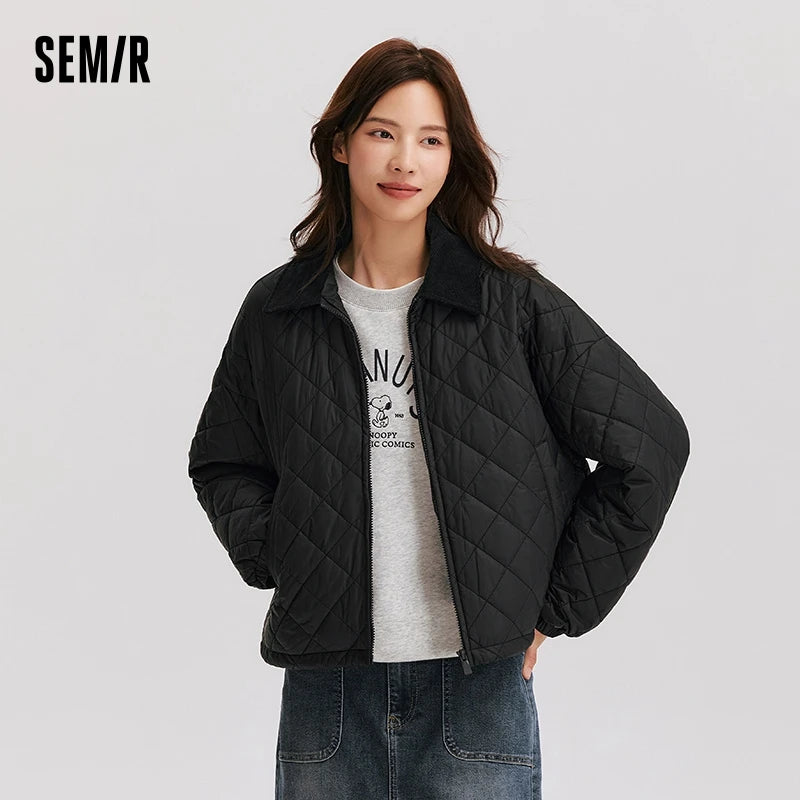 Semir Cotton Jacket Women Corduroy Lapel Diamond Check Retro 2024 Winter New Three-Proof Loose Lightweight Cotton Jacket