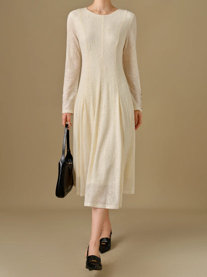 DUSHU 12.3% Wool Women Dress Winter Thicken Long Sleeve Beige X-LINE Dresses Office Lady Round Neck Long Dress 24DH84029