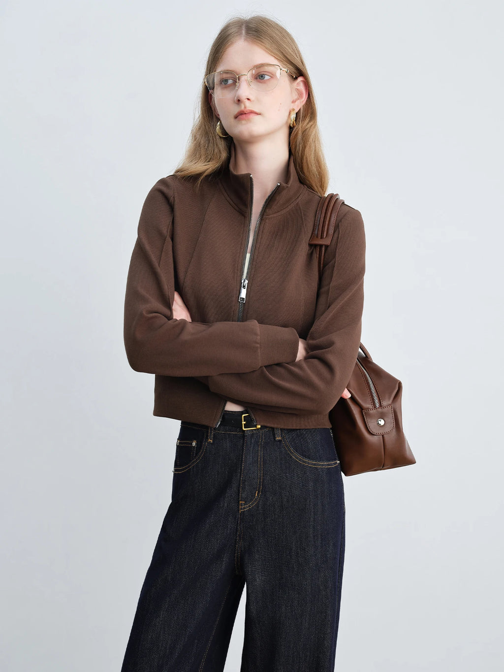 ZIQIAO Petite Stand-Up Collar Hoodie Jacket 2025 New Autumn Collection Waist Cinching Slimming Open-Front Top