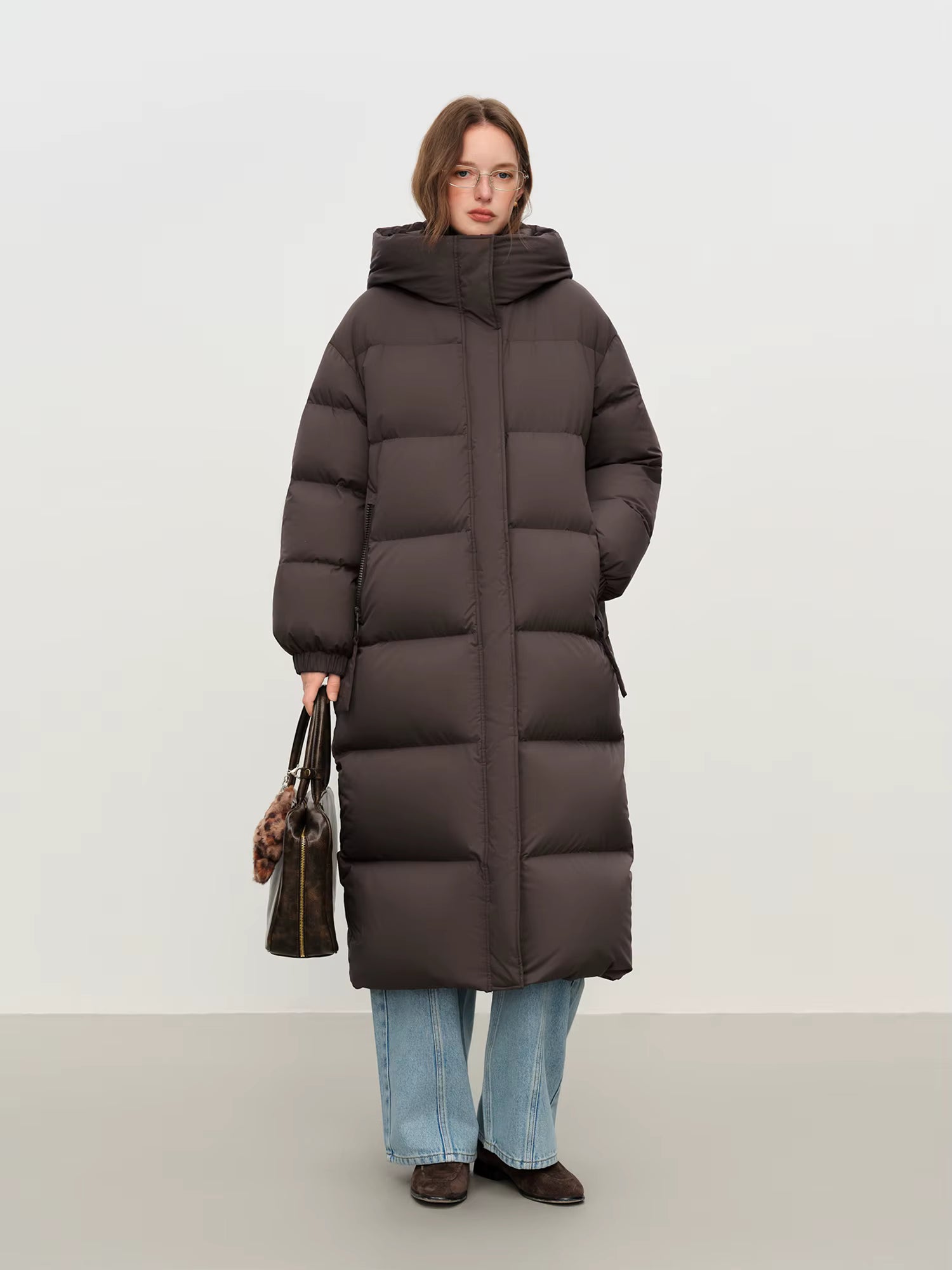 2025 Winter Women's Long Down Coat Stand Collar Hood Straight Cut Thermal Puffer Warm Windproof Outerwear for Cold Weather