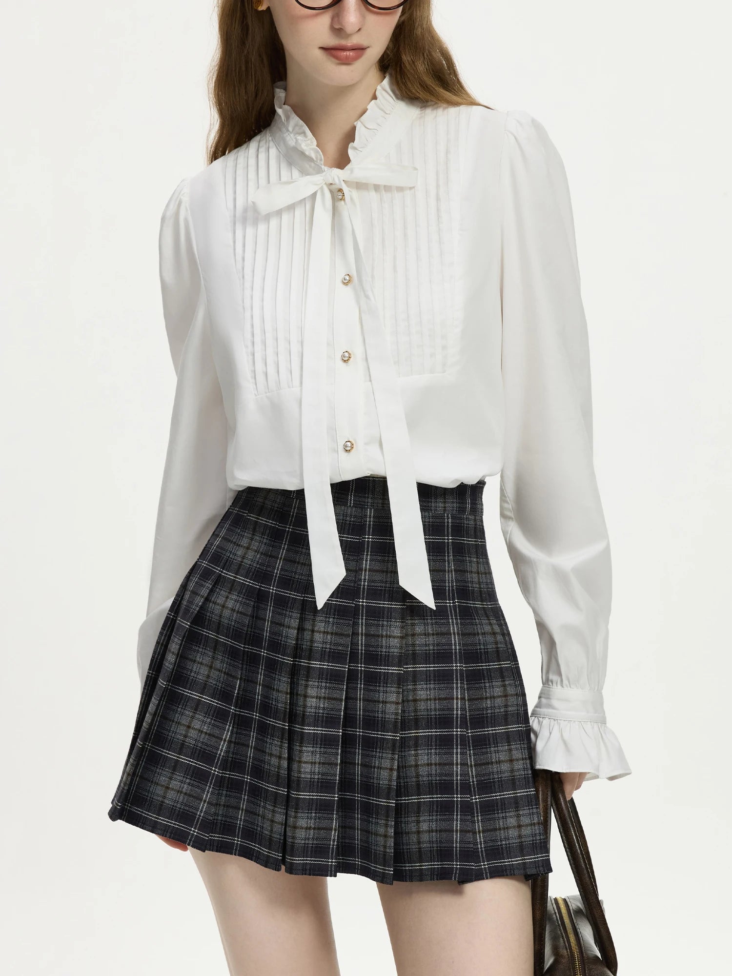 FSLE 50.2% Cotton French Style Wooden Ear Edge Tie Long-sleeve Shirt Female 2024 Fall Winter New White Versatile Shirt 24FS14522