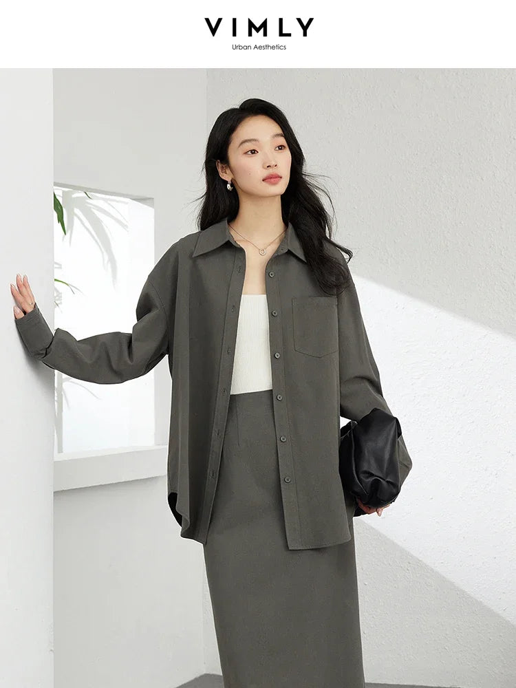 VIMLY 2 Piece Set Women's Office Lady Skirt Set Autumn Button Down Shirt Loose Shirt+Back Hem Slit A-Line Skirts Simple Suit