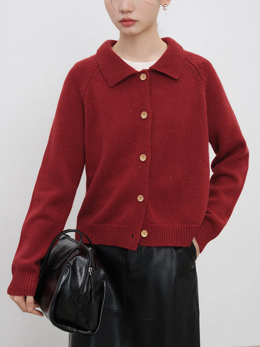 ZIQIAO Petite Size French Retro Red Cardigan Sweater for Women in Early Autumn Winter 2024 New Style of Lapel Knit Sweater Top