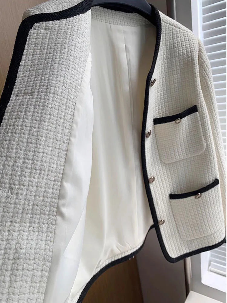 O-neck Tweed Single Breasted Woolen Jackets Korean Fashion Women Chic Wool Blend Tops Abrigos Spring Fall Elegant Casual Coats