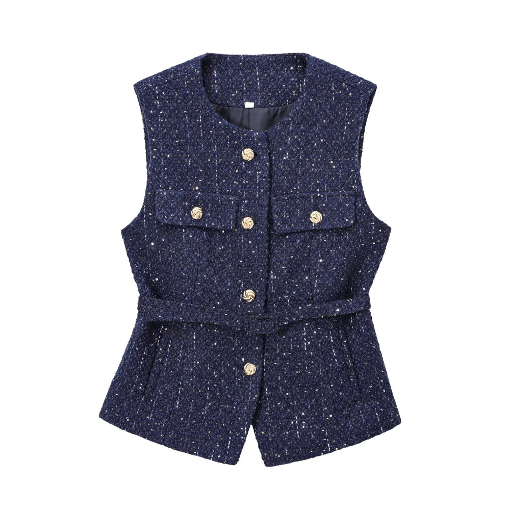 TRAF-Women's Tweed Waistcoat with Belt, O Neck, Sleeveless, Front Button, Female Outerwear, Chic Tops, Fashion