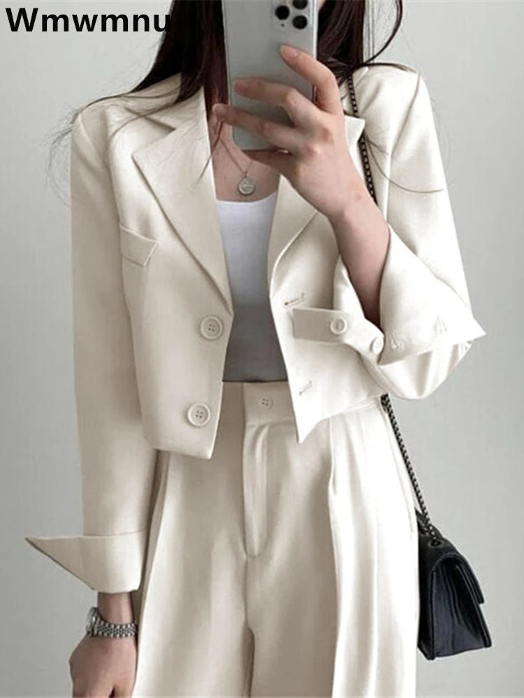 Korean OL Short Suits Sets Women Casual Loose Crop Blazers Jackets Conjunto New High Waist Wide Leg Pants Ensemble Offcie Outfit