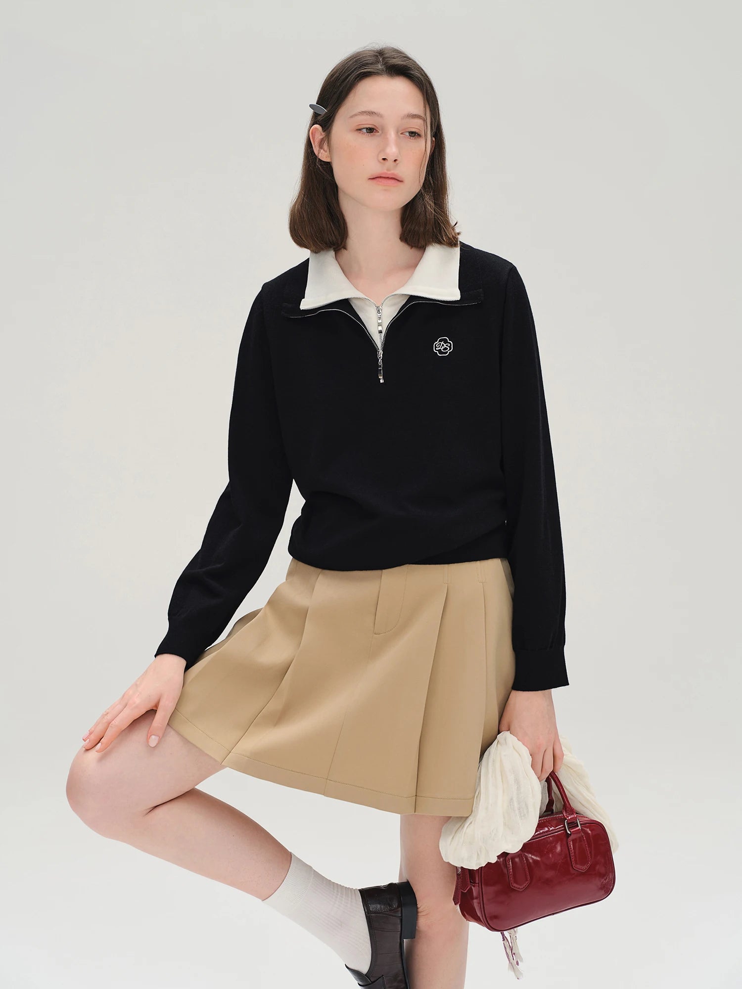 Plus Size [Half Sugar American Style] Women's Fake Two-Piece Color Clash Turned-Up Collar Knit Autumn 2025 Casual Top