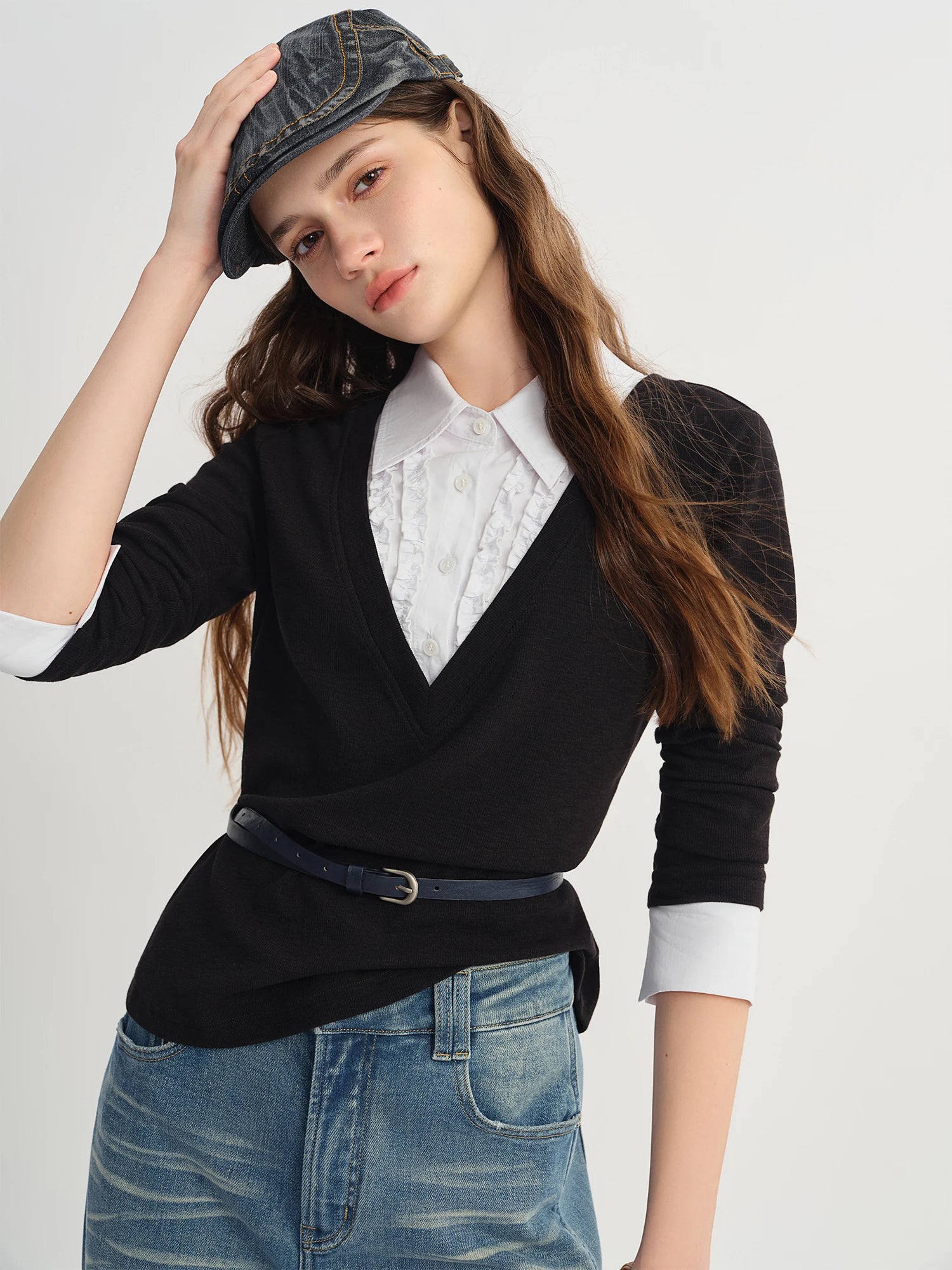Plus Size Women's Fake Two-piece Long-sleeved Patchwork Shirt 2025 Autumn New Arrival Knitted Pullover Fashion Commute Top