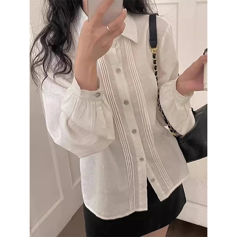 Vintage White Shirts Women Japanese Preppy Bandage Long Sleeve Blouses Summer Harajuku Korean Basic Single Breasted Chic Tops